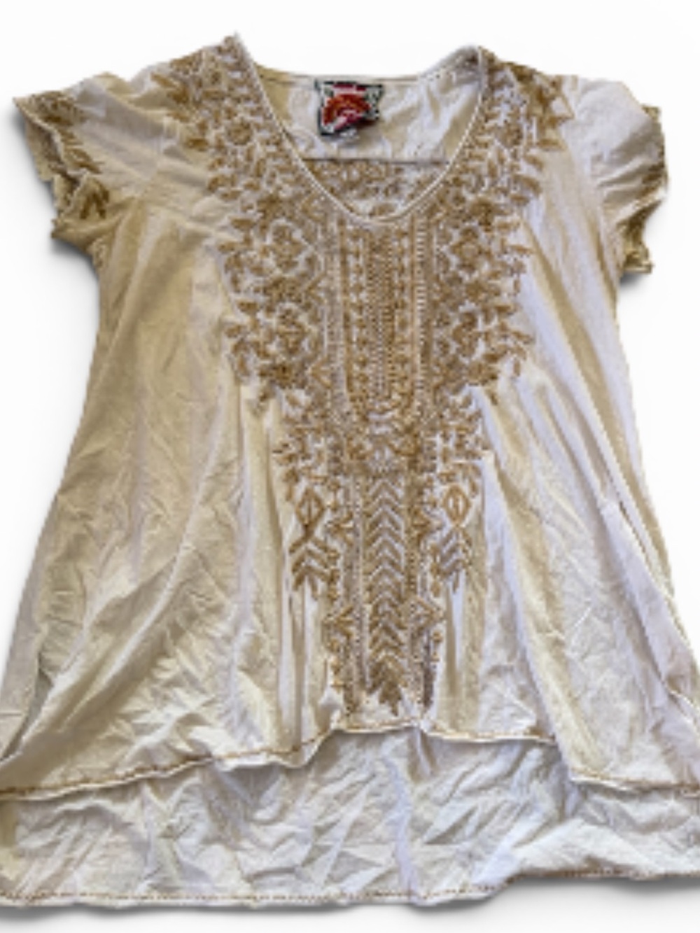 JOHNNY WAS Cream Embroidered V-Neck Cotton Peasant Boho Blouse